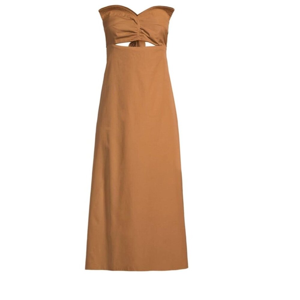 JUAN DE DIOS Victoria Cotton Cut Out Midi Dress in Nut Brown